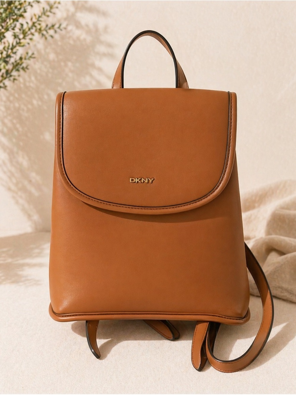 DKNY Cognac Leather Backpack with Gold Logo